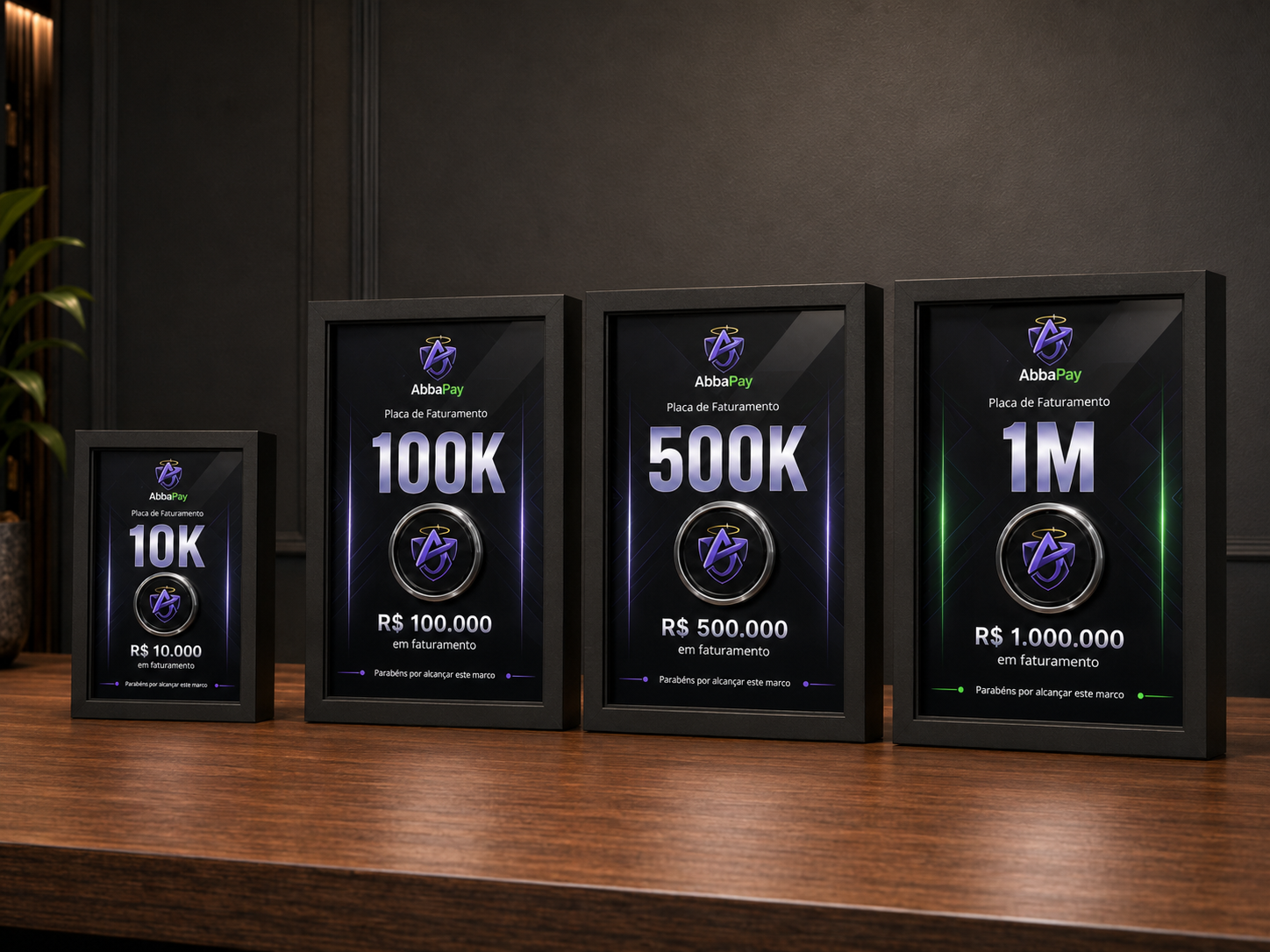 Coleção completa de placas AbbaPay: 10K, 100K, 500K e 1M